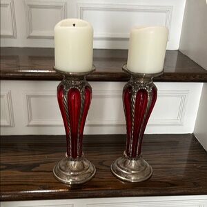 Pair of Red Vintage Bubble Glass and Silver Plated Candle Holders -